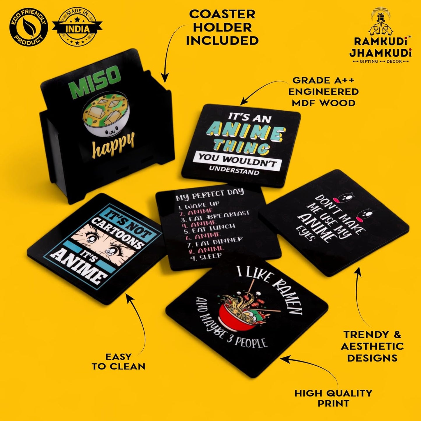 Ramkudi Jhamkudi Wooden Coasters Set of 6 for Anime Lovers – Printed with Iconic Anime Quotes & Designs – Eco-Friendly, Made in India – Otaku Gift, Desk & Room Decor with Holder