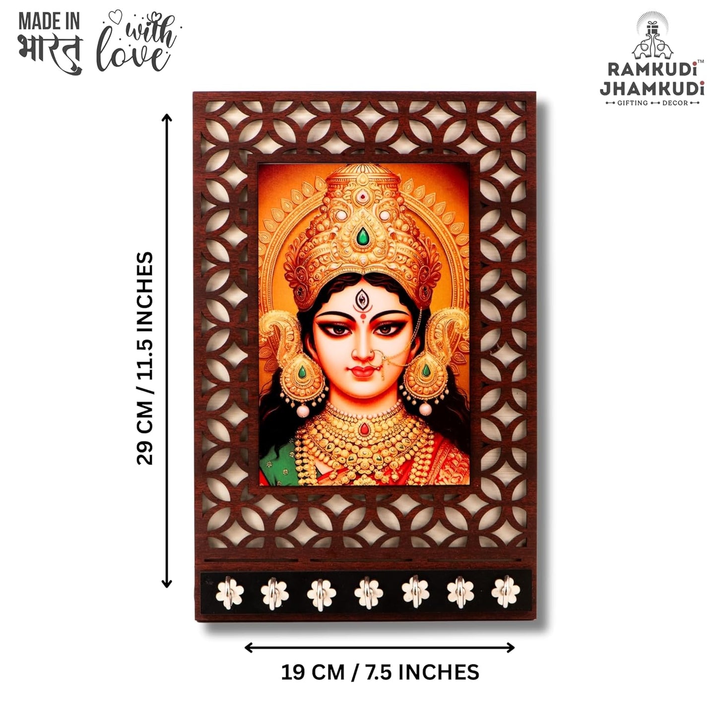 Ramkudi Jhamkudi™ Premium Wooden Maa Durga Face Key Holder for Wall – 2 Layer MDF, 7 Stainless Steel Hooks, Unique Indian Design, Home Decor & Gifting – Made in India