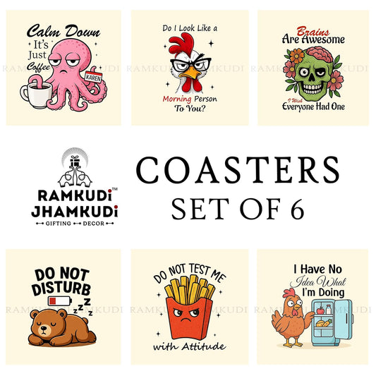 Ramkudi Jhamkudi Wooden Coasters Set of 6 with Sarcastic & Quirky Quotes – Bold & Fun Printed Coaster Set with Holder – Eco-Friendly, Made in India – Great for Gifting & Desk Decor
