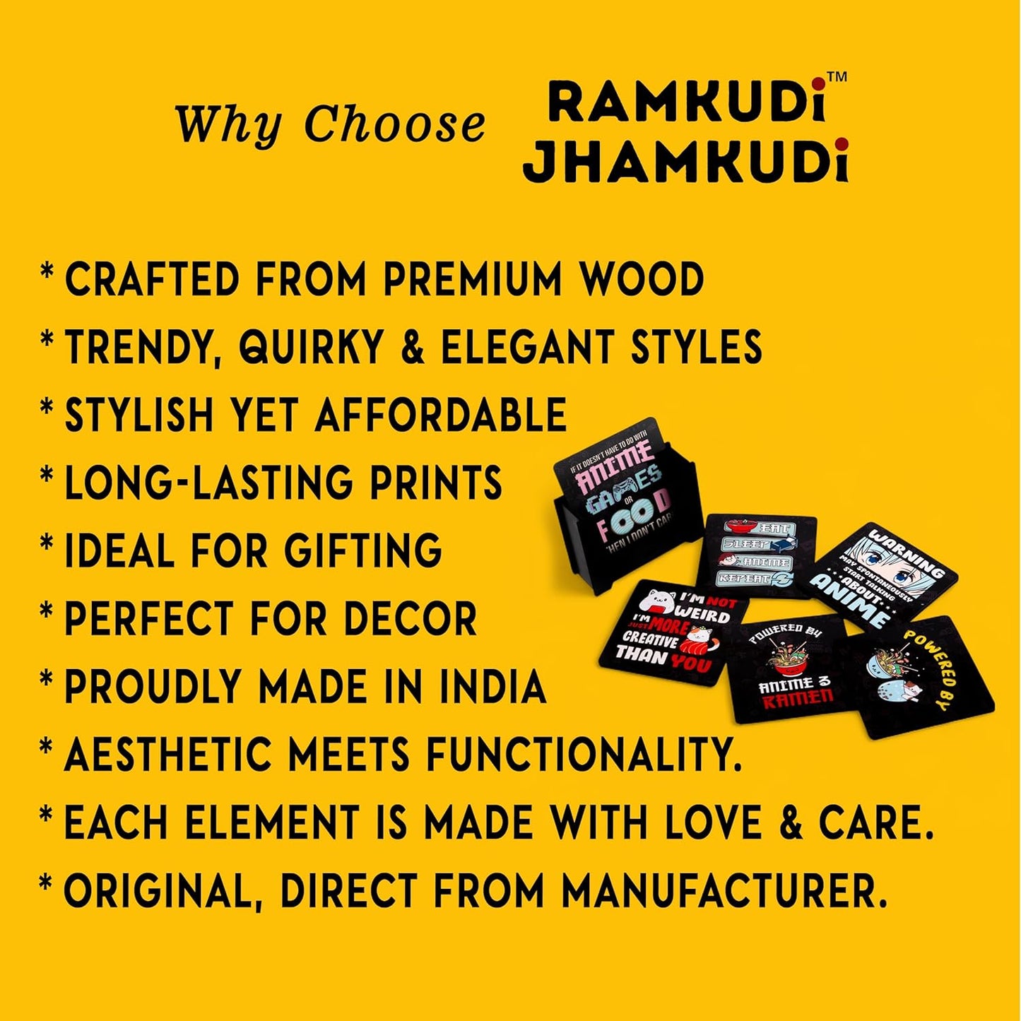 Ramkudi Jhamkudi Wooden Coasters Set of 6 with Anime Designs – Printed Coaster Set with Holder – Otaku Gift, Desk Decor, Eco-Friendly, Made in India