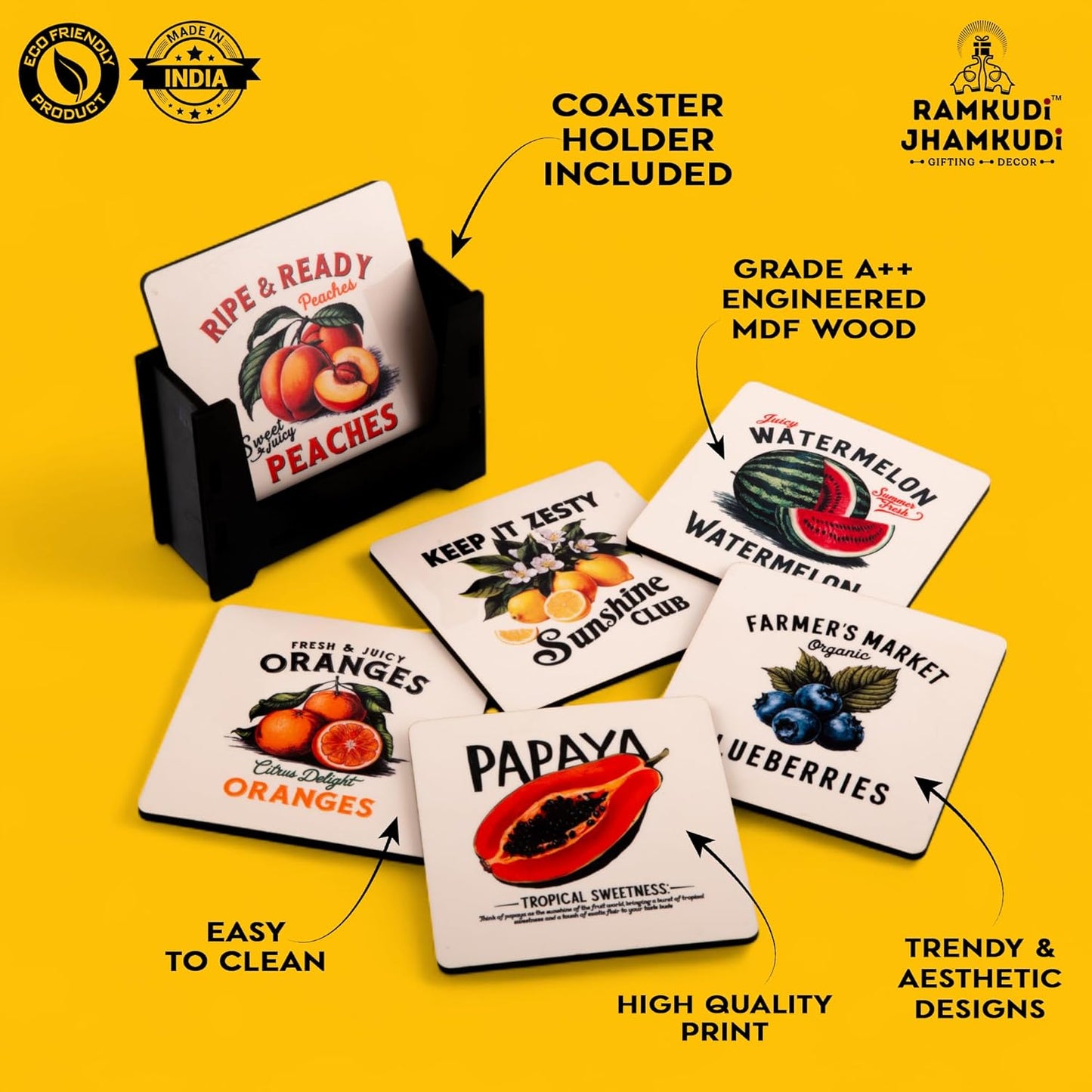 Wooden Coasters Set of 6 with Holder | Fruit & Berry-Themed Coasters for Tea Coffee | Vibrant Table Mats for Kitchen & Dining | Eco-Friendly | Made in India | Colorful Gift for Food & Nature Lovers