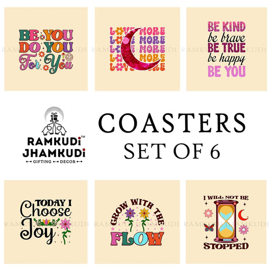 Ramkudi Jhamkudi Wooden Coasters Set of 6 – Motivational & Happy Quotes with Coaster Holder | Eco-Friendly, Positive Vibes Table Decor | Great Gift for Home, Office | Made in India