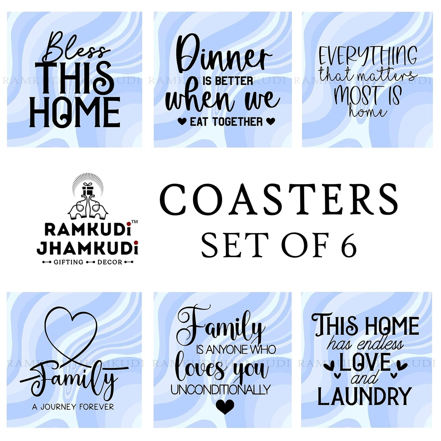 Wooden Coasters Set of 6 with Holder | Home & Family Quote Coasters for Tea Coffee | Heartwarming Drink Mats for Living Room & Dining | Made in India | Gift for Housewarming & Loved Ones