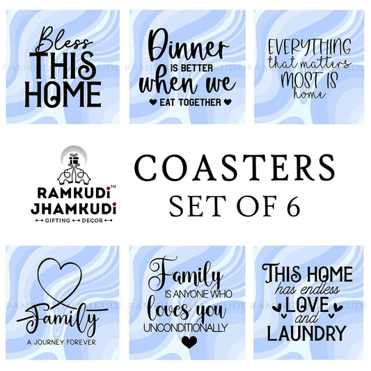 Wooden Coasters Set of 6 with Holder | Home & Family Quote Coasters for Tea Coffee | Heartwarming Drink Mats for Living Room & Dining | Made in India | Gift for Housewarming & Loved Ones