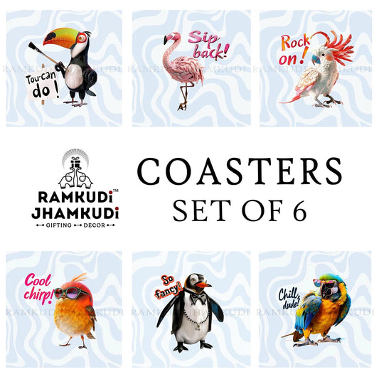 Wooden Coasters Set of 6 with Holder | Cool Bird-Themed Tea Coffee Coasters | Colorful Table Mats for Home & Kitchen | Eco-Friendly | Made in India | Nature-Inspired Gift for Bird Lovers