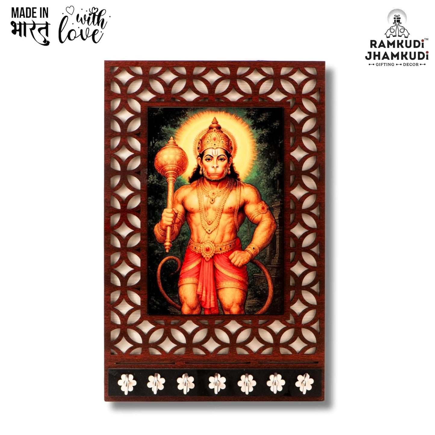 Ramkudi Jhamkudi™ Premium Wooden Lord Hanuman Key Holder for Wall – 2 Layer MDF, 7 Stainless Steel Hooks, Unique Indian Design, Home Decor & Gifting – Made in India