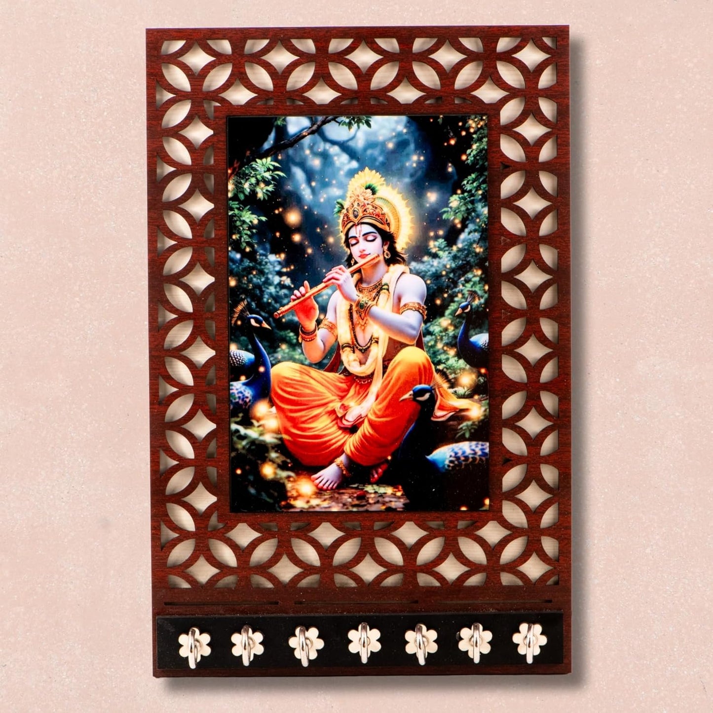 Ramkudi Jhamkudi™ Premium Wooden Krishna Playing Flute with Peacock Key Holder for Wall – 2 Layer MDF, 7 Stainless Steel Hooks, Peaceful Indian Design, Home Decor & Gifting – Made in India