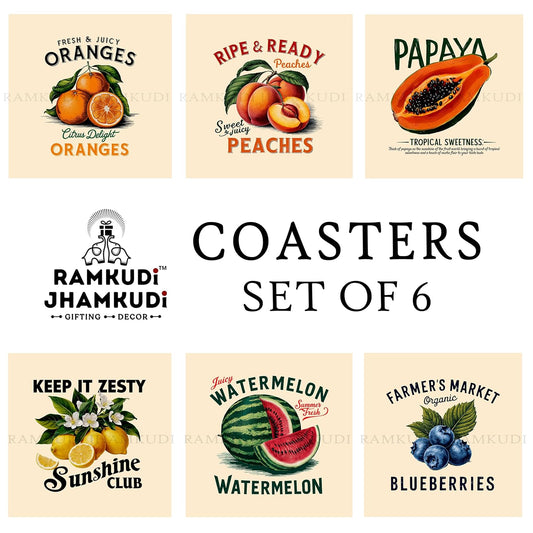 Wooden Coasters Set of 6 with Holder | Fruit & Berry-Themed Coasters for Tea Coffee | Vibrant Table Mats for Kitchen & Dining | Eco-Friendly | Made in India | Colorful Gift for Food & Nature Lovers