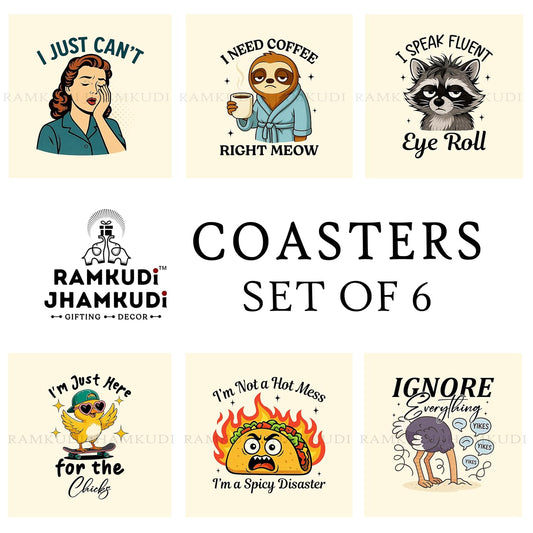 Ramkudi Jhamkudi Wooden Coasters Set of 6 – Quirky Quotes Design with Coaster Holder | Eco-Friendly, Fun & Trendy Table Decor | Great Gift for Home, Office | Made in India