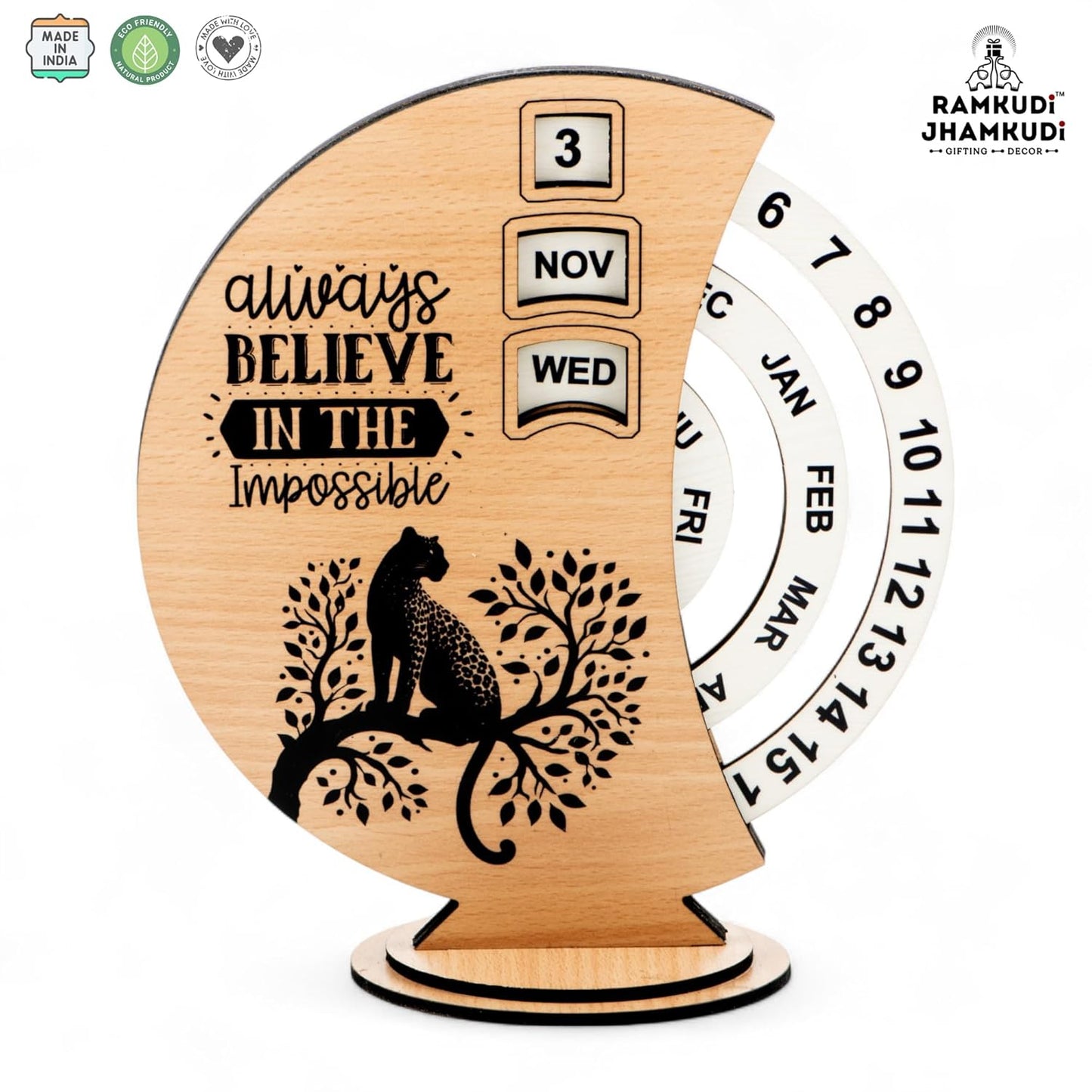 Ramkudi Jhamkudi Wooden Perpetual Calendar for Desk | Motivational Quote Prints | Made in India | Reusable Lifetime Table Calendar for Office, Study, Gifting | Minimal Aesthetic Decor Piece (DESIGN D)