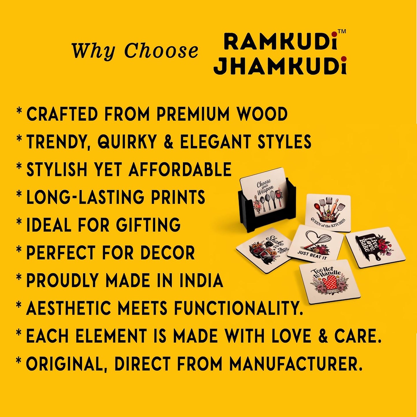 Ramkudi Jhamkudi Wooden Coasters Set of 6 with Baking & Cooking Quotes – Printed Kitchen Coaster Set with Holder – Made in India, Eco-Friendly – Ideal for Gifting & Home Decor