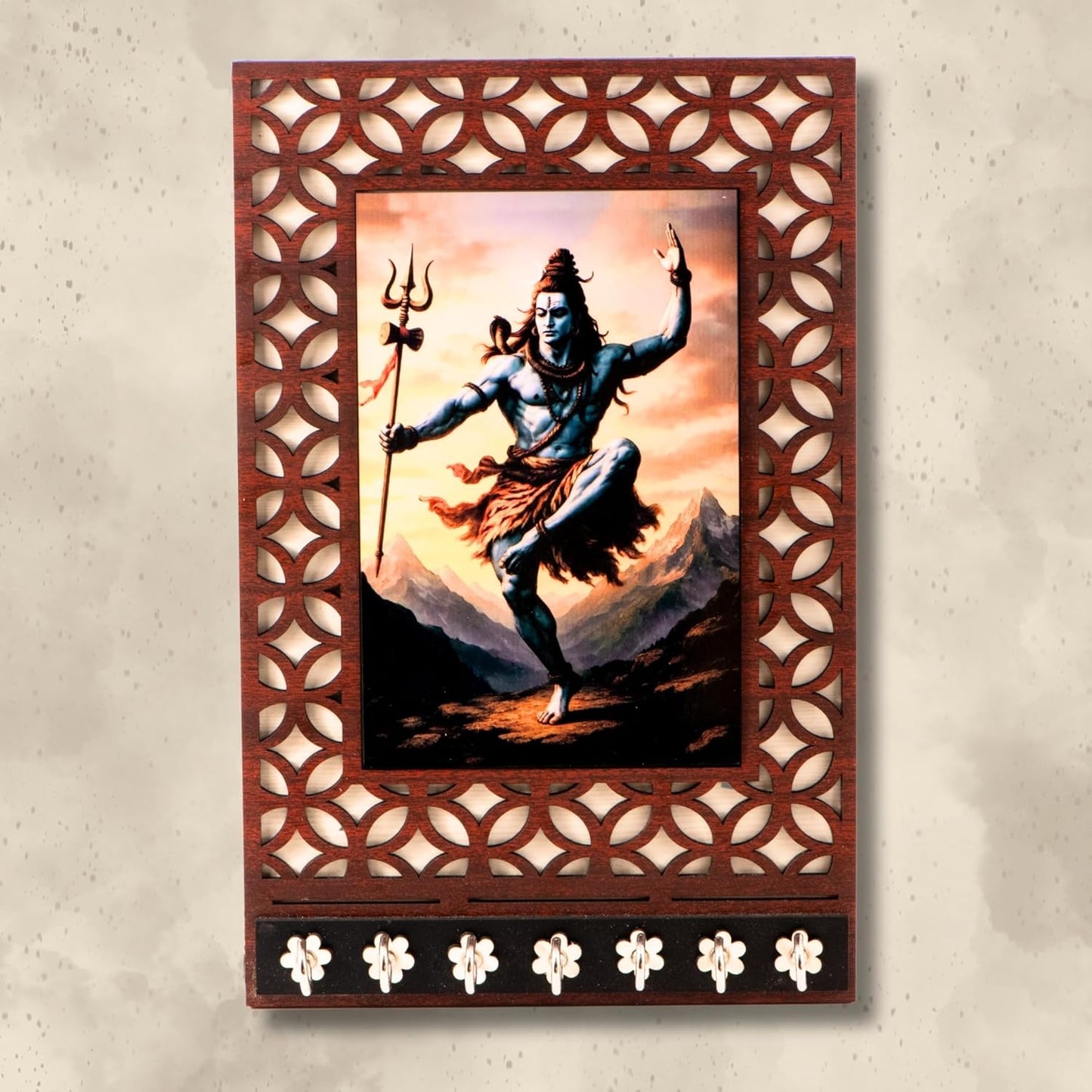 Ramkudi Jhamkudi™ Shiva Tandav Wooden Key Holder – 2 Layer Premium MDF, 7 SS Hooks – Bold & Devotional Wall Décor – Made in India