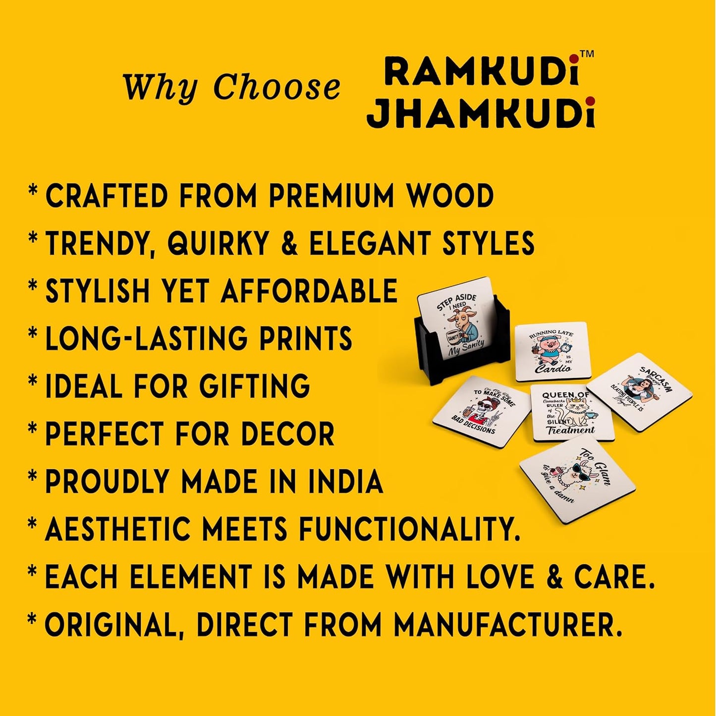 Ramkudi Jhamkudi Wooden Coasters Set of 6 with Sarcastic & Quirky Quotes – Printed Coaster Set with Holder – Funky Home & Office Decor – Eco-Friendly, Made in India, Gift-Ready