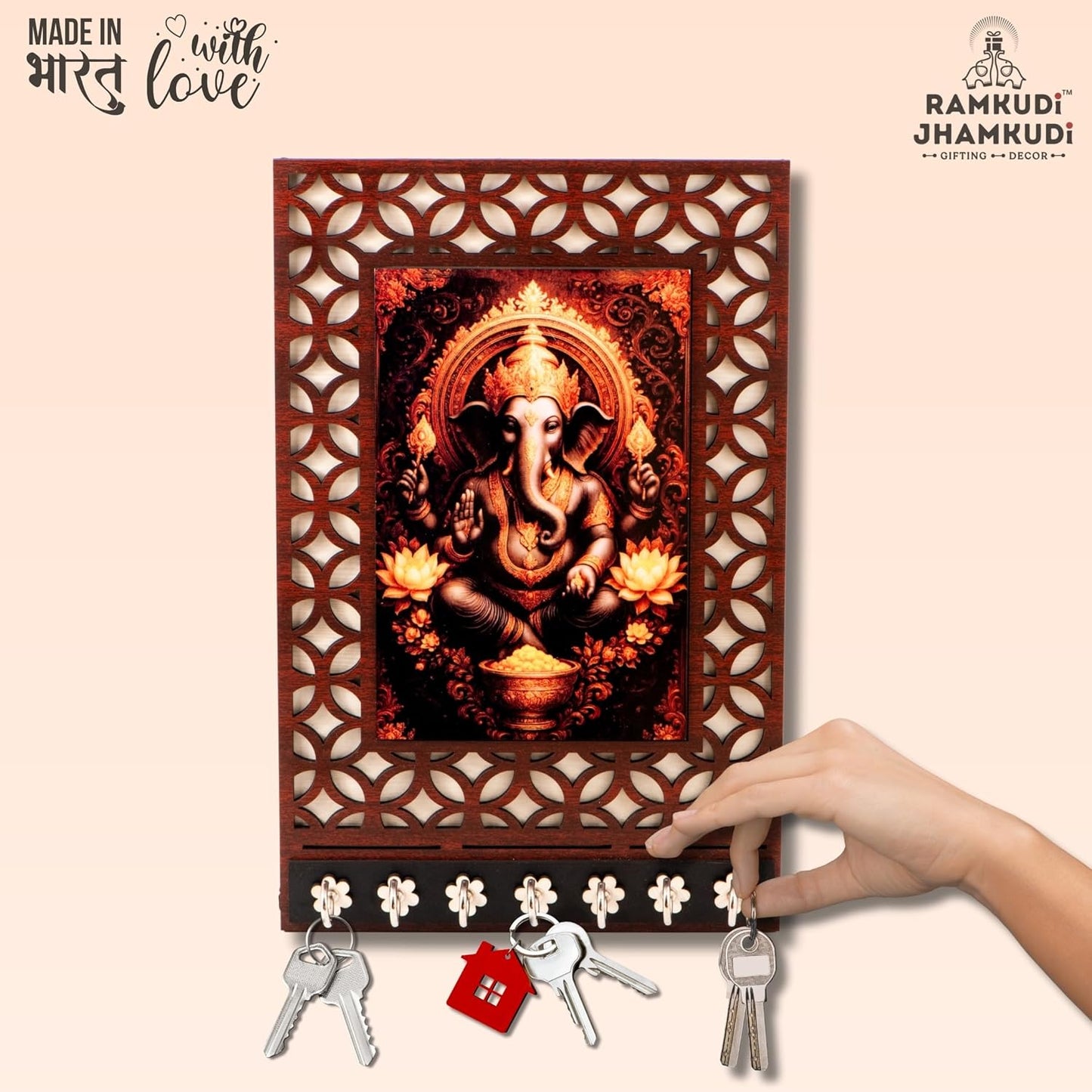 Ramkudi Jhamkudi™ Premium Wooden Lord Ganesha Key Holder for Wall – 2 Layer MDF, 7 Stainless Steel Hooks, Unique Indian Design, Home Decor & Gifting – Made in India