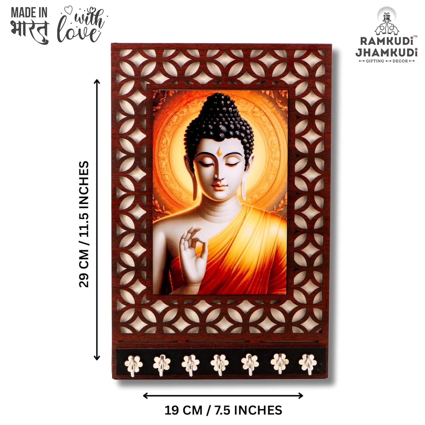 Ramkudi Jhamkudi™ Buddha Wooden Key Holder – 2 Layer Premium MDF, 7 SS Hooks – Peaceful & Elegant Wall Décor – Made in India