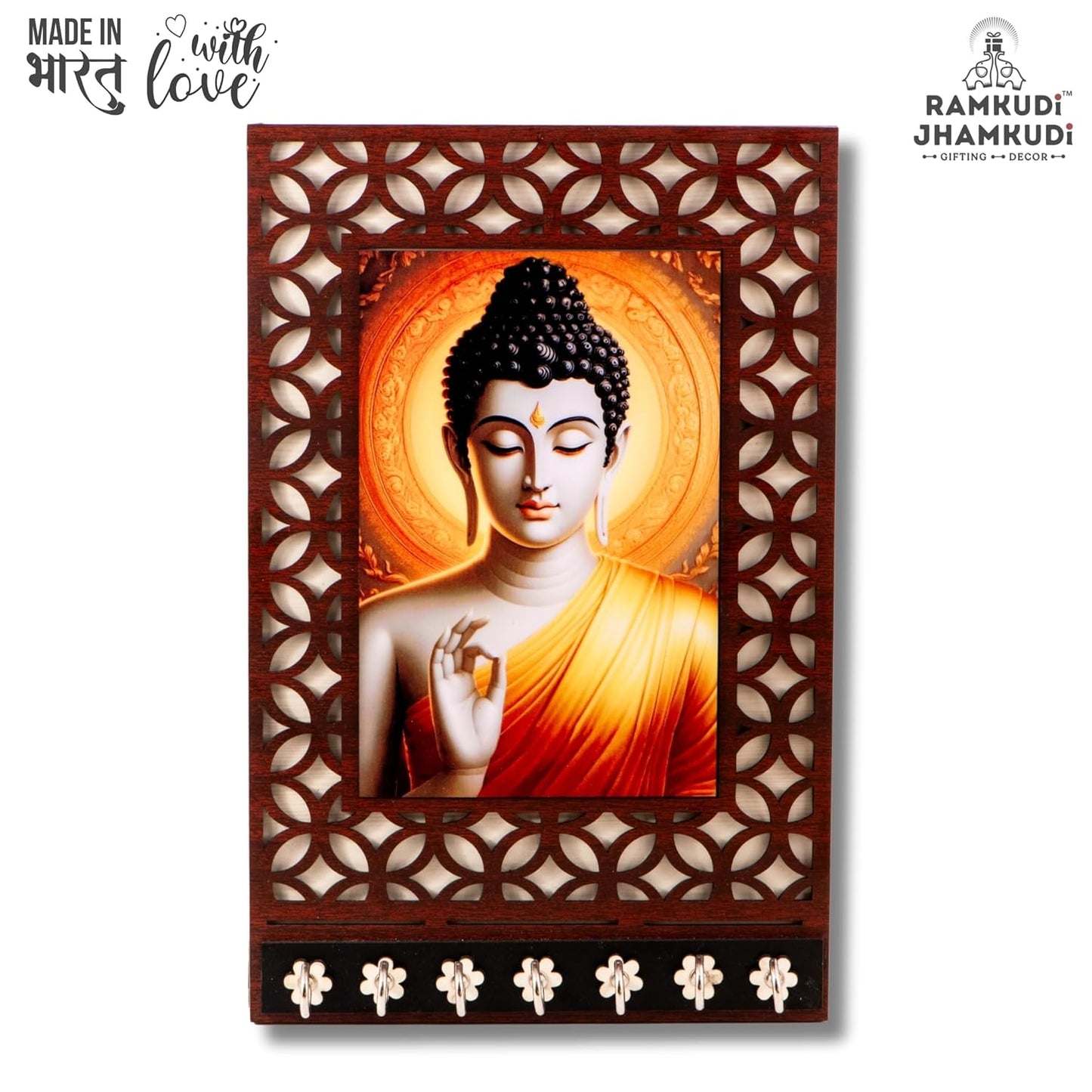 Ramkudi Jhamkudi™ Buddha Wooden Key Holder – 2 Layer Premium MDF, 7 SS Hooks – Peaceful & Elegant Wall Décor – Made in India