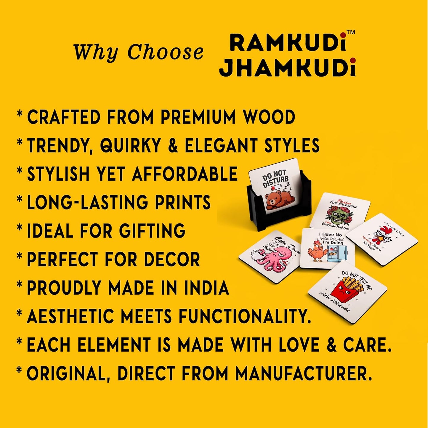 Ramkudi Jhamkudi Wooden Coasters Set of 6 with Sarcastic & Quirky Quotes – Bold & Fun Printed Coaster Set with Holder – Eco-Friendly, Made in India – Great for Gifting & Desk Decor