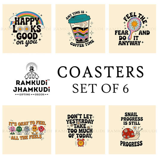 Ramkudi Jhamkudi Wooden Coasters Set of 6 with Holder – Printed Aesthetic Designs, Eco-Friendly, Stylish Home Decor – Made in India – Ideal for Gifting & Table Protection
