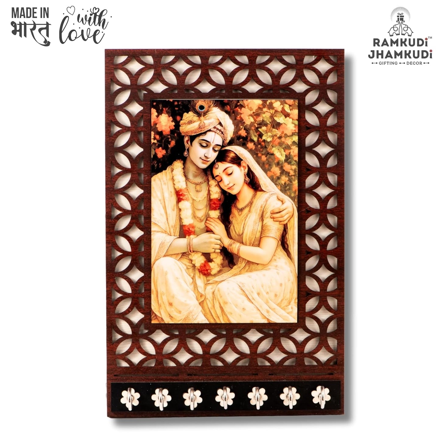 Ramkudi Jhamkudi™ Peaceful Radha Krishna Wooden Key Holder – 2 Layer Premium MDF, 7 SS Hooks – Elegant Spiritual Wall Décor – Made in India