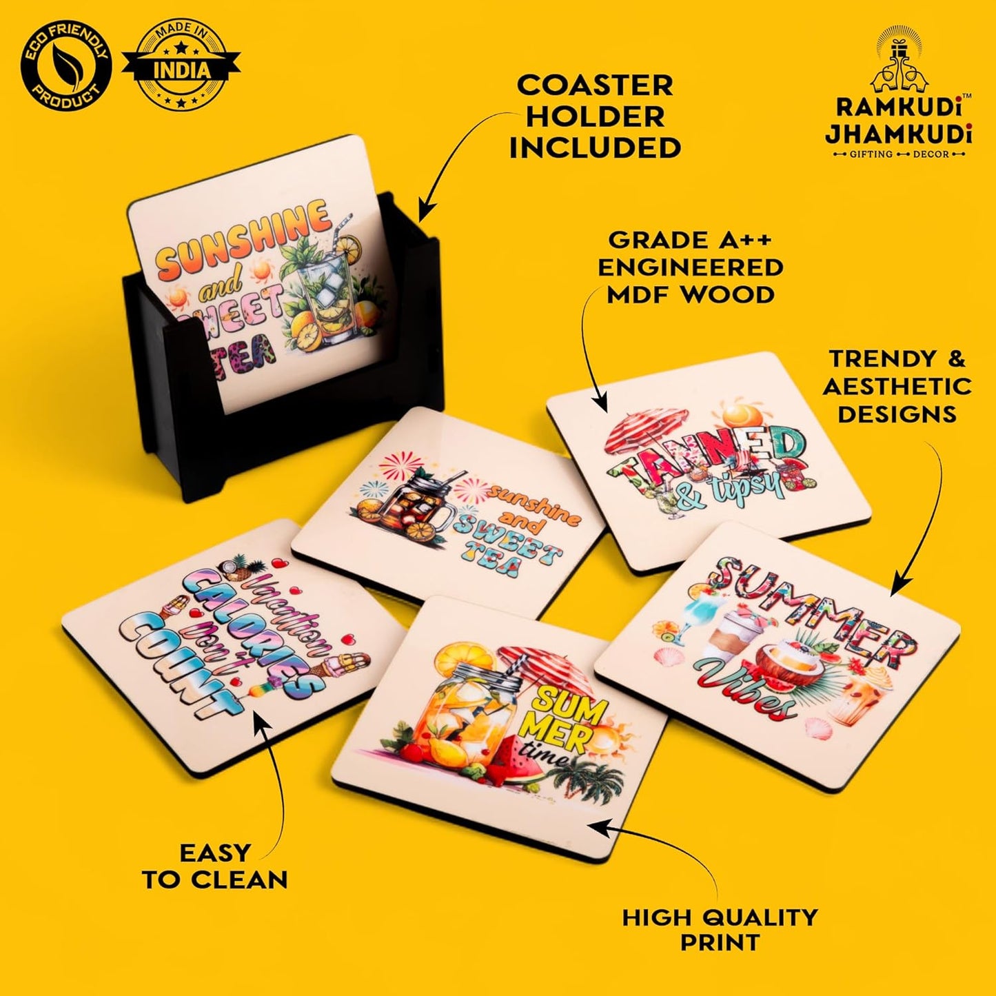 Wooden Coasters Set of 6 with Holder | Summer Beach Coasters for Tea Coffee | Tropical Drink Mats for Table | Eco-Friendly & Reusable | Made in India | Holiday & Vacation Decor Gift