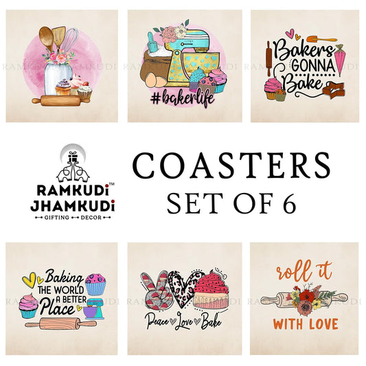 Wooden Coasters Set of 6 with Holder | Baking Quote Coasters for Tea Coffee | Fun Kitchen-Themed Table Mats for Home & Bake Lovers | Eco-Friendly | Made in India | Gift for Bakers & Foodies