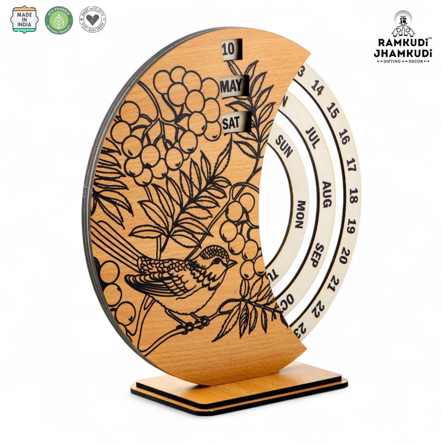 Ramkudi Jhamkudi Wooden Perpetual Calendar for Desk | Floral Print Design | Made in India | Reusable Lifetime Table Calendar for Office, Home, Study, Gifting | Minimal Aesthetic Decor Piece (STYLE B)