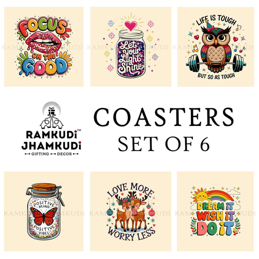 Wooden Coasters Set of 6 with Holder | Positive Quote Coasters for Tea Coffee | Uplifting Table Mats for Home & Office | Eco-Friendly | Made in India | Thoughtful Gift for Daily Inspiration