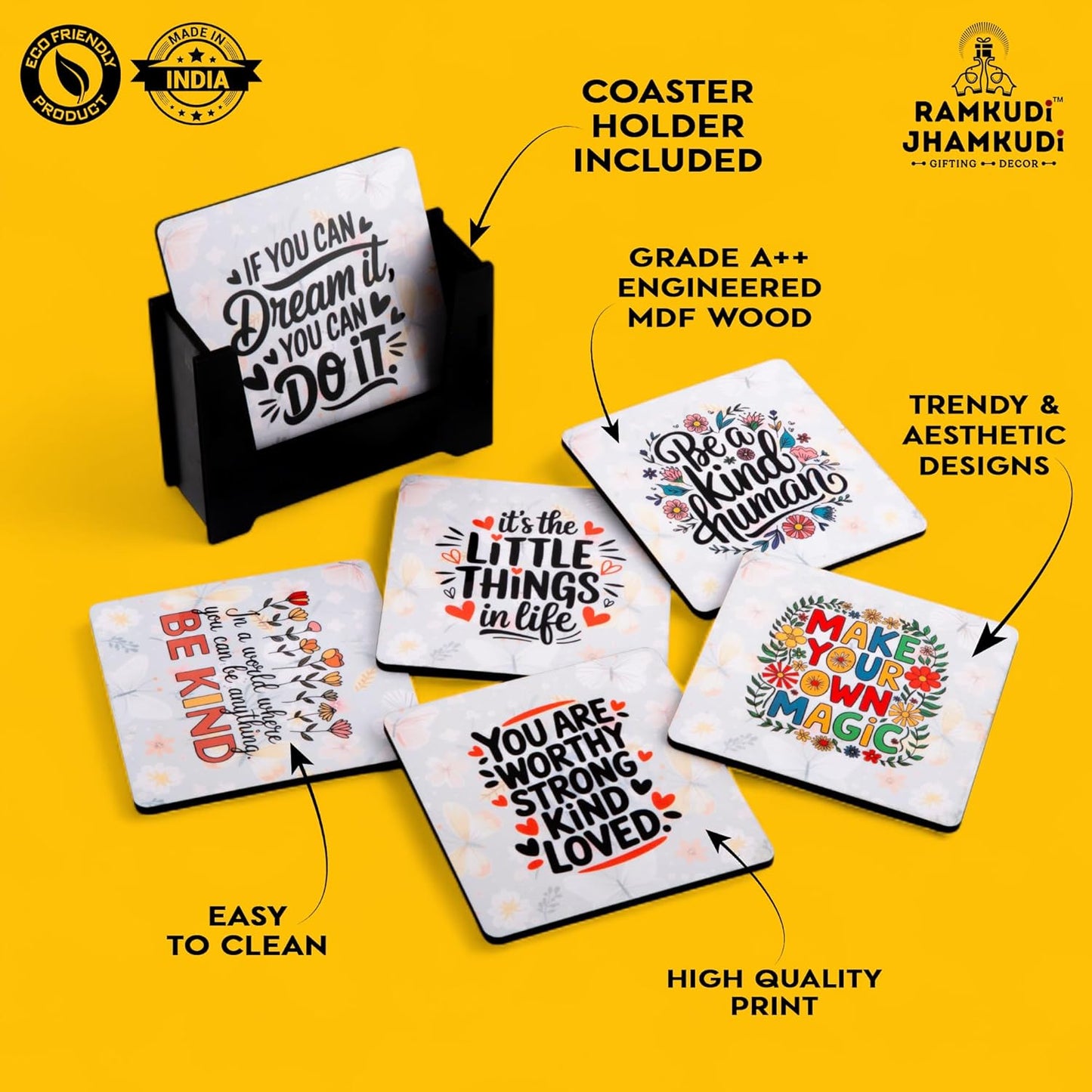 Wooden Coasters Set of 6 with Holder | Positive Motivational Quote Coasters for Tea Coffee | Inspiring Table Mats for Home & Office | Eco-Friendly | Made in India | Gift for Good Vibes