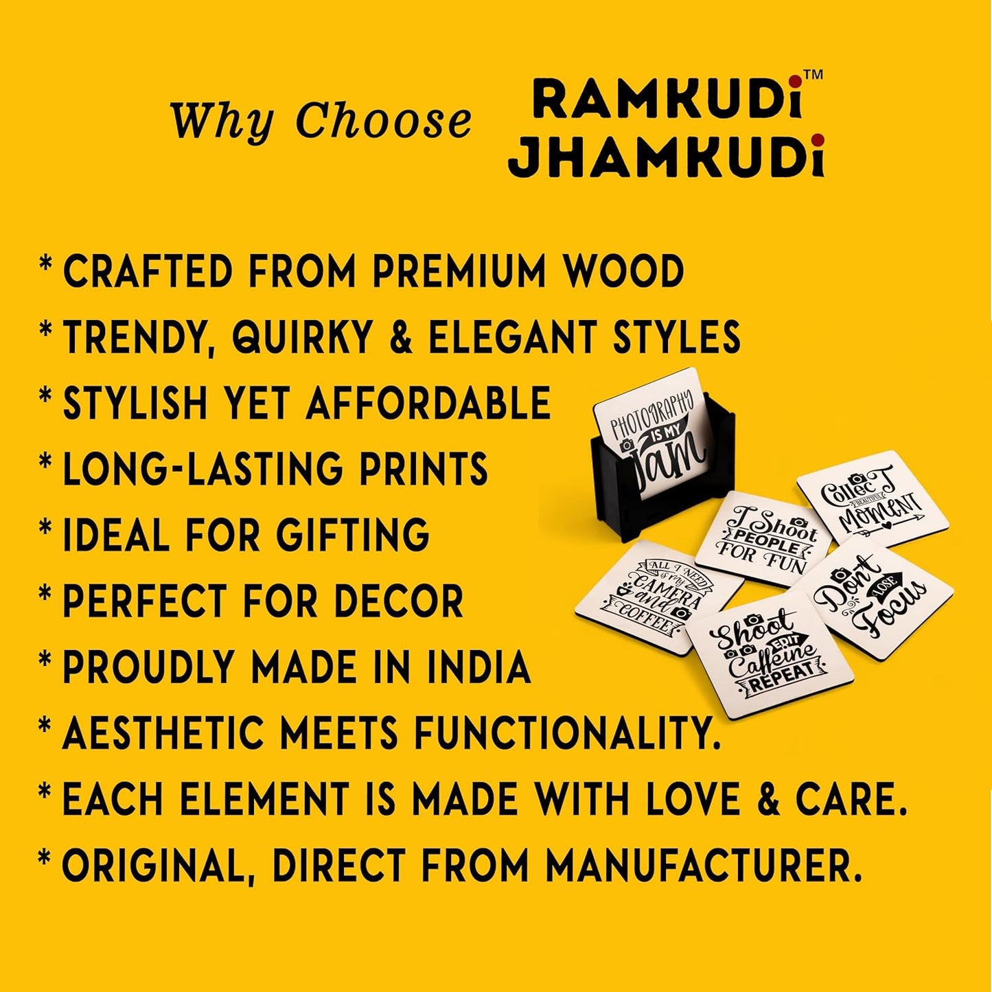 Ramkudi Jhamkudi Wooden Coasters Set of 6 with Holder | Photography Quote Coasters for Tea Coffee | Gift for Photographers & Creators | Desk & Table Décor | Made in India Drink Mats