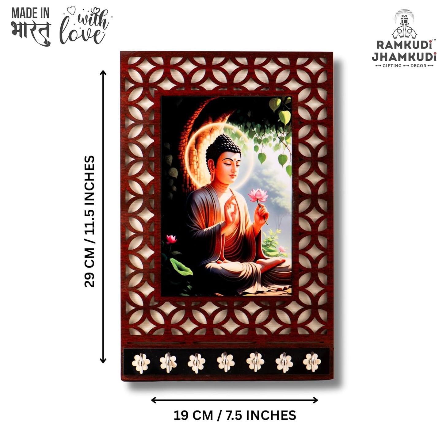 Ramkudi Jhamkudi™ Premium Wooden Buddha Key Holder for Wall – 2 Layer MDF, 7 Stainless Steel Hooks, Unique Indian Design, Home Decor & Gifting – Made in India