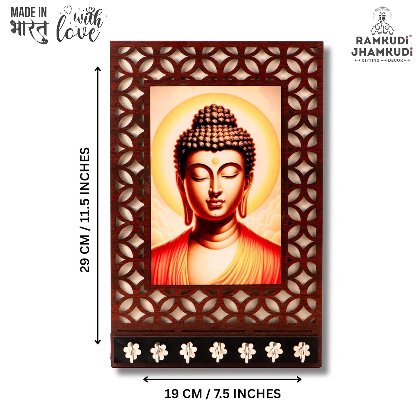 Ramkudi Jhamkudi™ Premium Wooden Buddha Key Holder for Wall – 2 Layer MDF, 7 Stainless Steel Hooks, Unique Spiritual Design, Home Decor & Gifting – Made in India