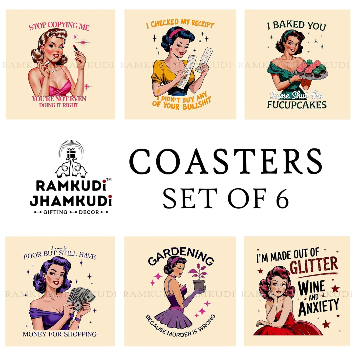 Wooden Coasters Set of 6 with Holder | Fun & Quirky Quote Coasters for Tea Coffee | Bold, Playful Table Mats for Home, Office & Desk | Eco-Friendly | Made in India | Gift for Women Who Keep It Real
