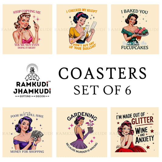 Wooden Coasters Set of 6 with Holder | Fun & Quirky Quote Coasters for Tea Coffee | Bold, Playful Table Mats for Home, Office & Desk | Eco-Friendly | Made in India | Gift for Women Who Keep It Real