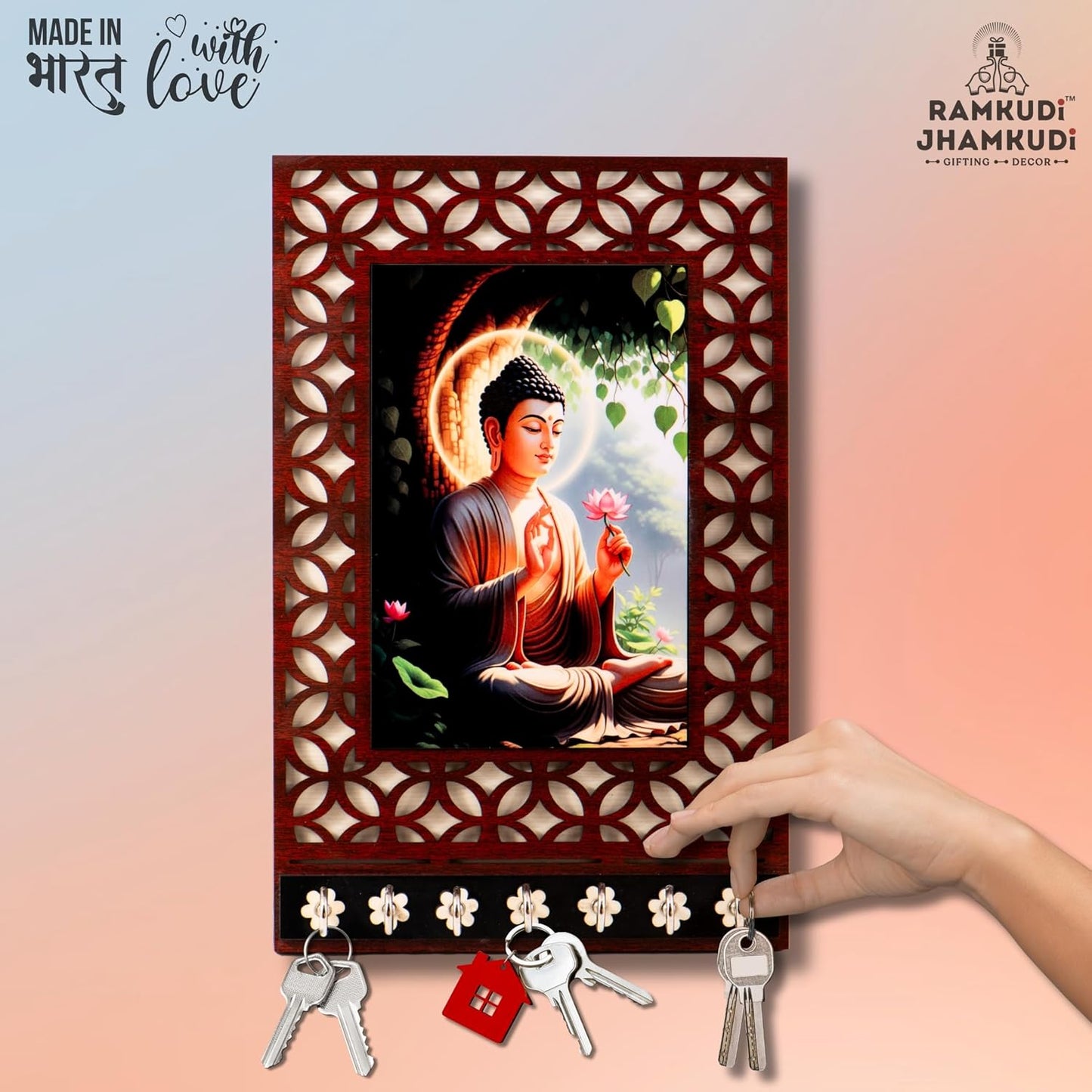 Ramkudi Jhamkudi™ Premium Wooden Buddha Key Holder for Wall – 2 Layer MDF, 7 Stainless Steel Hooks, Unique Indian Design, Home Decor & Gifting – Made in India