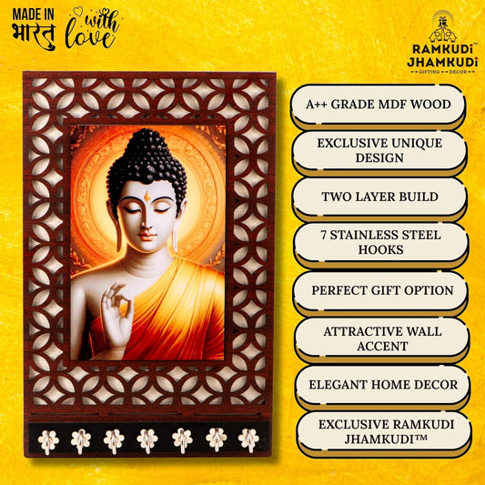 Ramkudi Jhamkudi™ Buddha Wooden Key Holder – 2 Layer Premium MDF, 7 SS Hooks – Peaceful & Elegant Wall Décor – Made in India