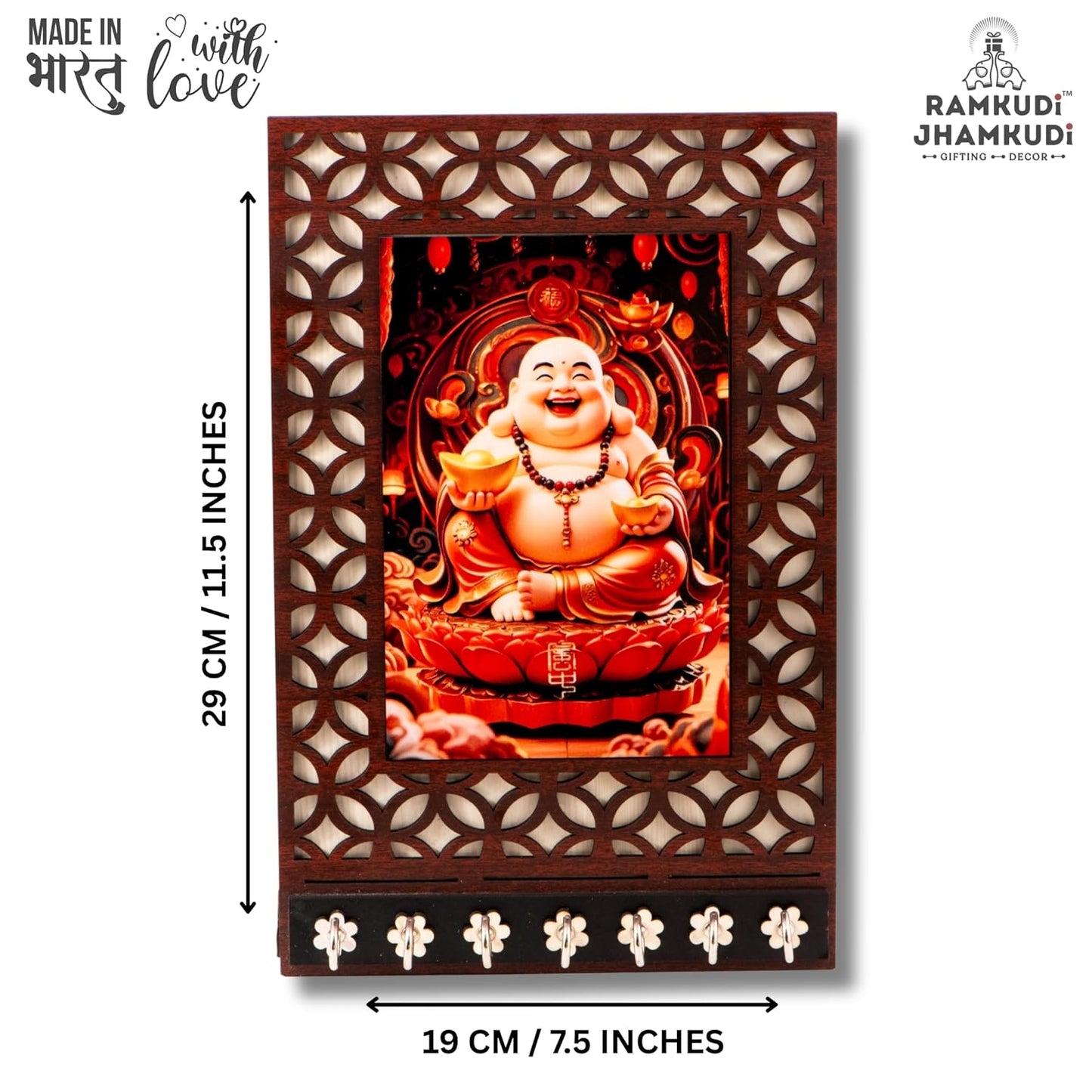 Ramkudi Jhamkudi™ Laughing Buddha Wooden Key Holder – Premium 2 Layer MDF, 7 SS Hooks – Positive Energy Wall Décor & Gifting – Made in India