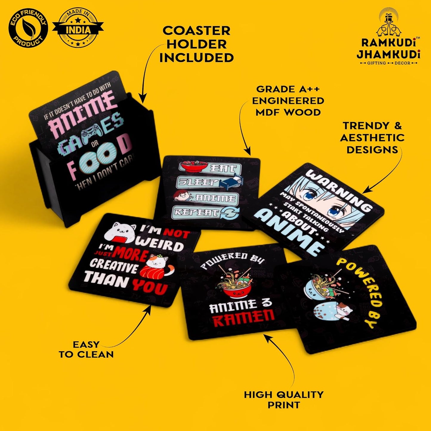 Ramkudi Jhamkudi Wooden Coasters Set of 6 with Anime Designs – Printed Coaster Set with Holder – Otaku Gift, Desk Decor, Eco-Friendly, Made in India