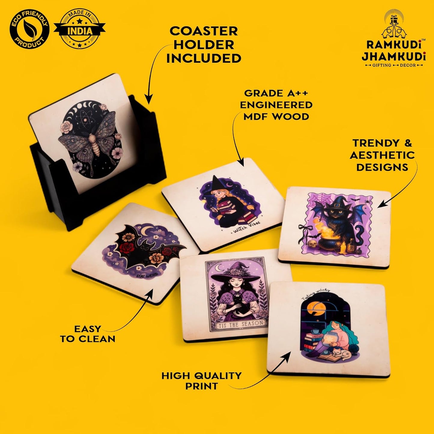 Ramkudi Jhamkudi Wooden Coasters Set of 6 with Spooky Designs – Gothic Printed Coaster Set with Holder – Halloween & Dark Aesthetic Home Decor – Eco-Friendly, Made in India