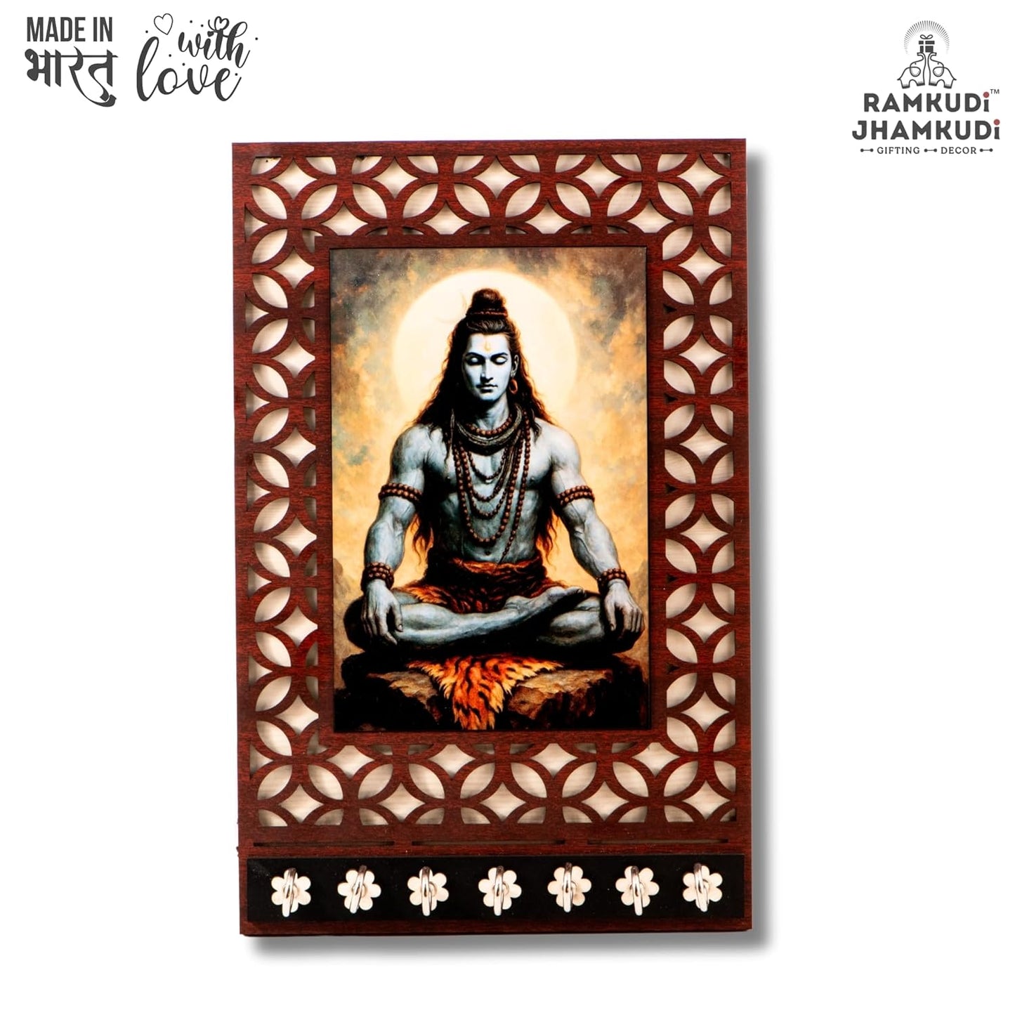 Ramkudi Jhamkudi™ Premium Wooden Meditating Lord Shiva Key Holder for Wall – 2 Layer MDF, 7 Stainless Steel Hooks, Exclusive Indian Design, Home Decor & Gifting – Made in India