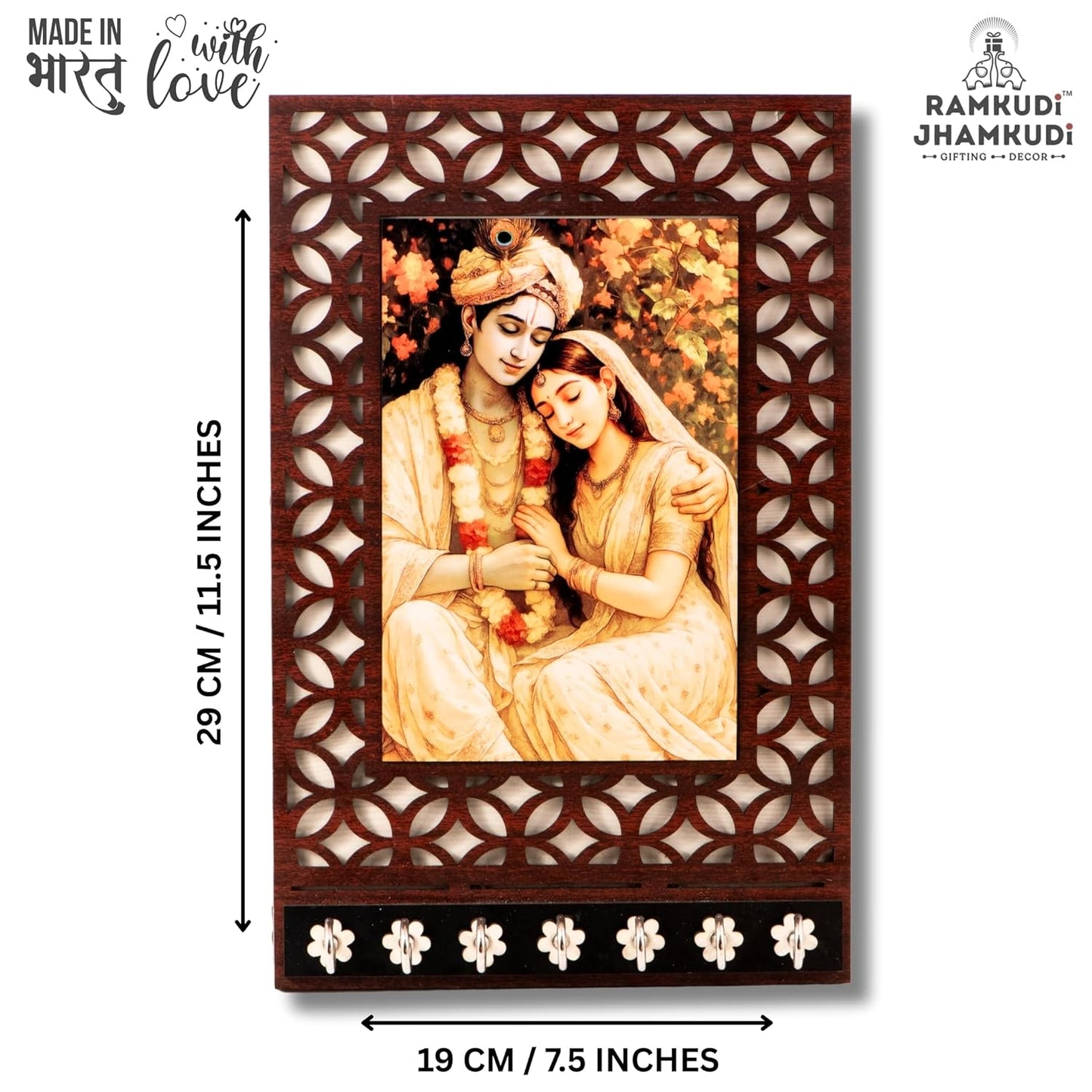 Ramkudi Jhamkudi™ Peaceful Radha Krishna Wooden Key Holder – 2 Layer Premium MDF, 7 SS Hooks – Elegant Spiritual Wall Décor – Made in India