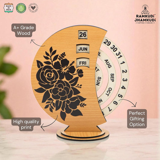 Ramkudi Jhamkudi Wooden Perpetual Calendar for Desk | Floral Print Design | Made in India | Reusable Lifetime Table Calendar for Office, Home, Study, Gifting | Minimal Aesthetic Decor Piece (STYLE A)