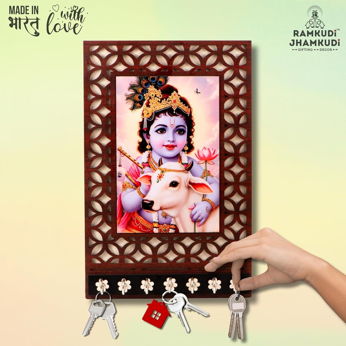 Ramkudi Jhamkudi™ Premium Wooden Krishna with Cow Key Holder for Wall – 2 Layer MDF, 7 Stainless Steel Hooks, Unique Indian Design, Home Decor & Gifting – Made in India