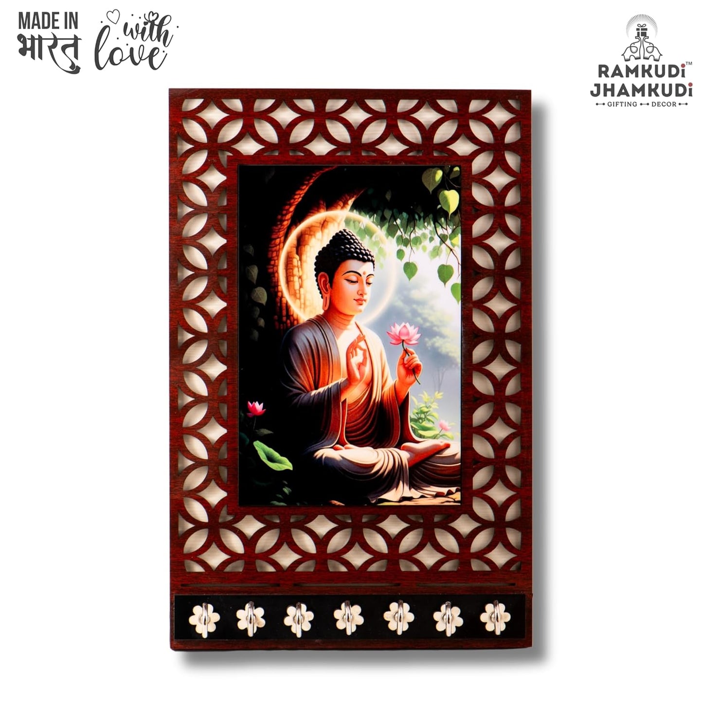 Ramkudi Jhamkudi™ Premium Wooden Buddha Key Holder for Wall – 2 Layer MDF, 7 Stainless Steel Hooks, Unique Indian Design, Home Decor & Gifting – Made in India