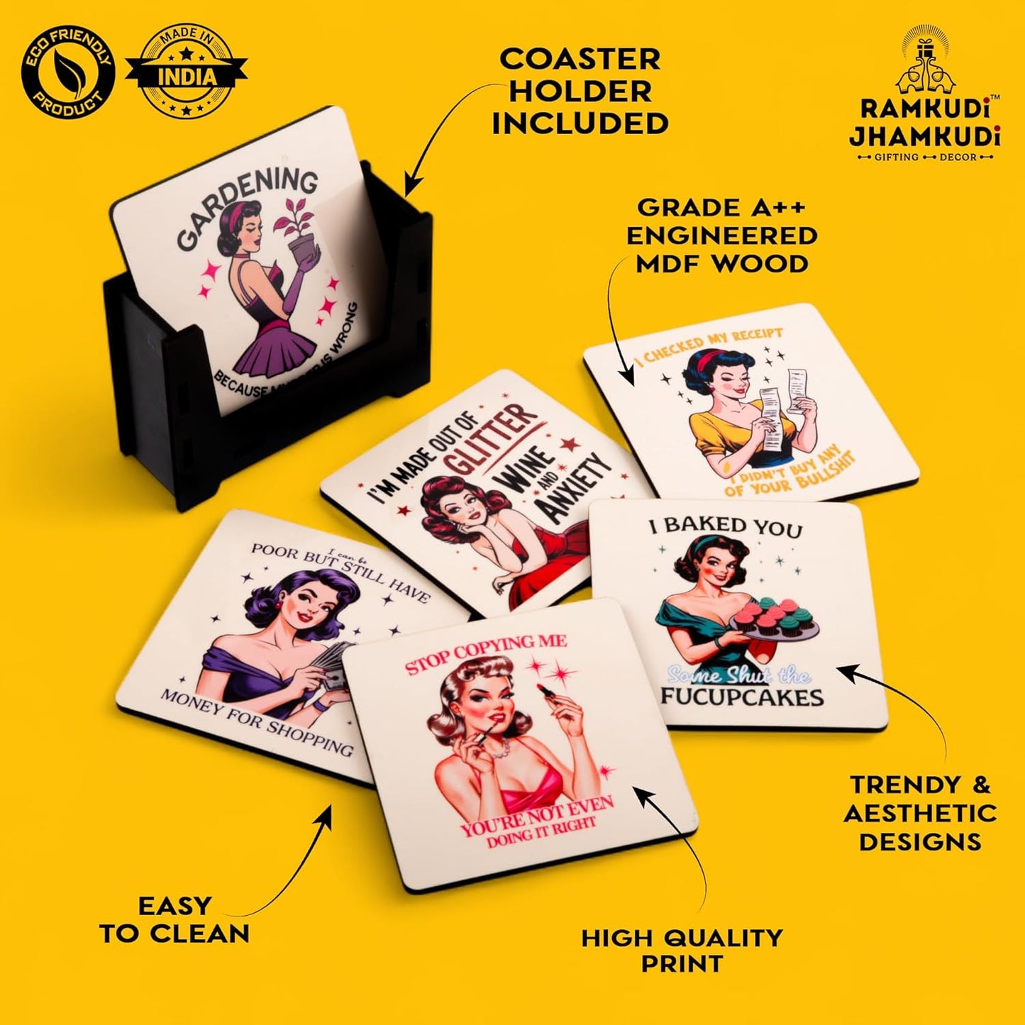 Wooden Coasters Set of 6 with Holder | Fun & Quirky Quote Coasters for Tea Coffee | Bold, Playful Table Mats for Home, Office & Desk | Eco-Friendly | Made in India | Gift for Women Who Keep It Real