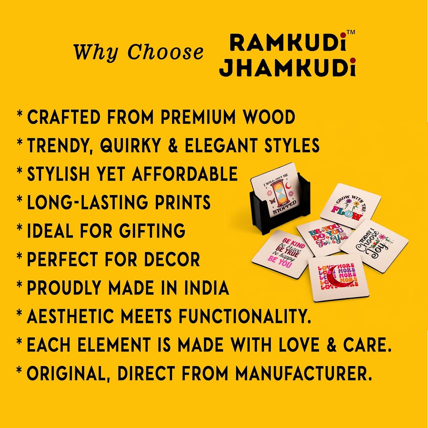 Ramkudi Jhamkudi Wooden Coasters Set of 6 – Motivational & Happy Quotes with Coaster Holder | Eco-Friendly, Positive Vibes Table Decor | Great Gift for Home, Office | Made in India