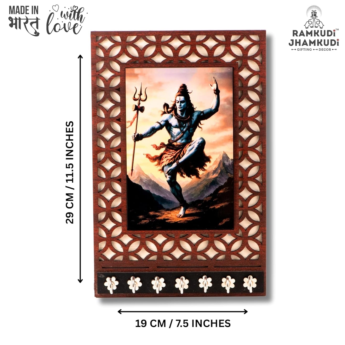 Ramkudi Jhamkudi™ Shiva Tandav Wooden Key Holder – 2 Layer Premium MDF, 7 SS Hooks – Bold & Devotional Wall Décor – Made in India