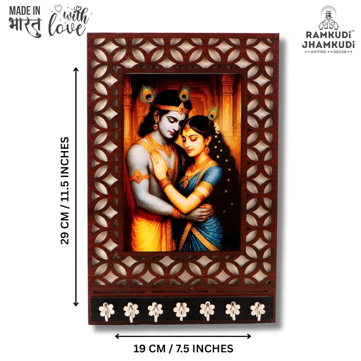 Ramkudi Jhamkudi™ Radha Krishna Wooden Key Holder – 2 Layer Premium MDF, 7 SS Hooks – Divine & Romantic Wall Décor – Made in India