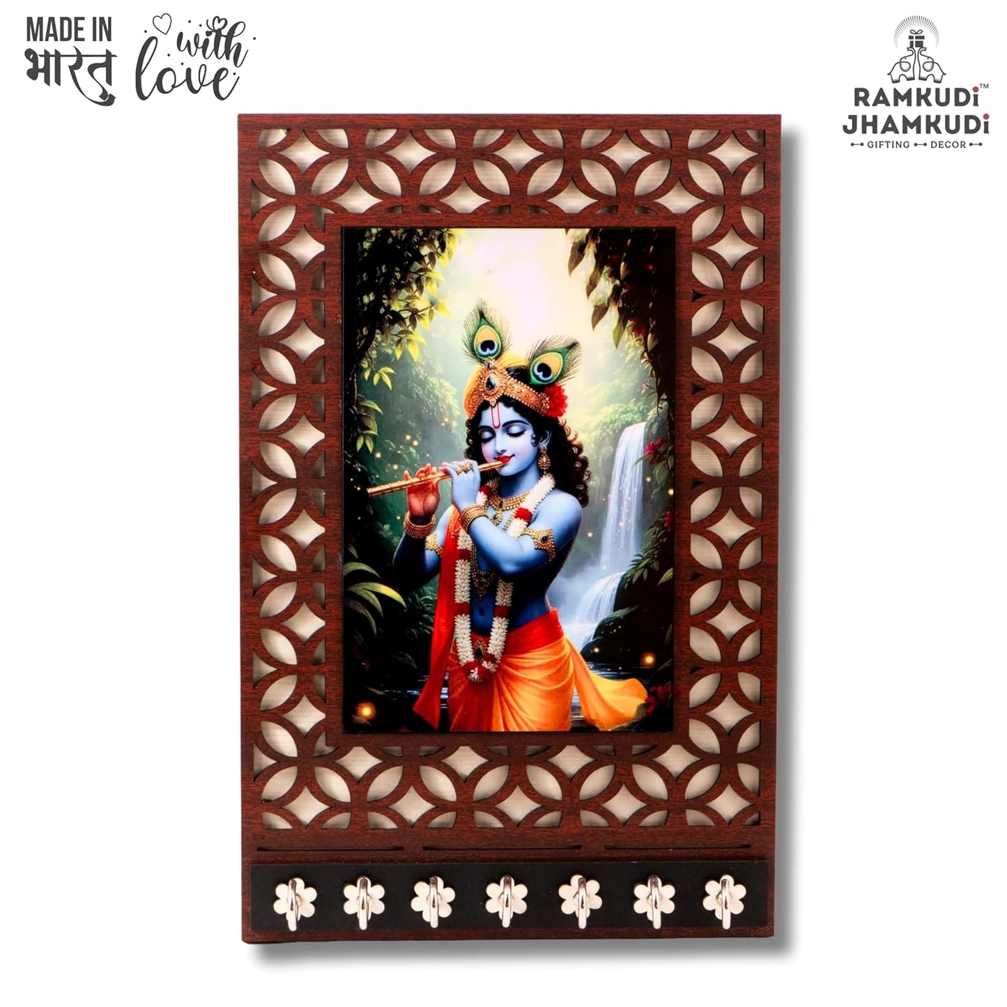 Ramkudi Jhamkudi™ Premium Wooden Krishna Playing Flute Key Holder for Wall – 2 Layer MDF, 7 Stainless Steel Hooks, Unique Indian Design, Home Decor & Gifting – Made in India