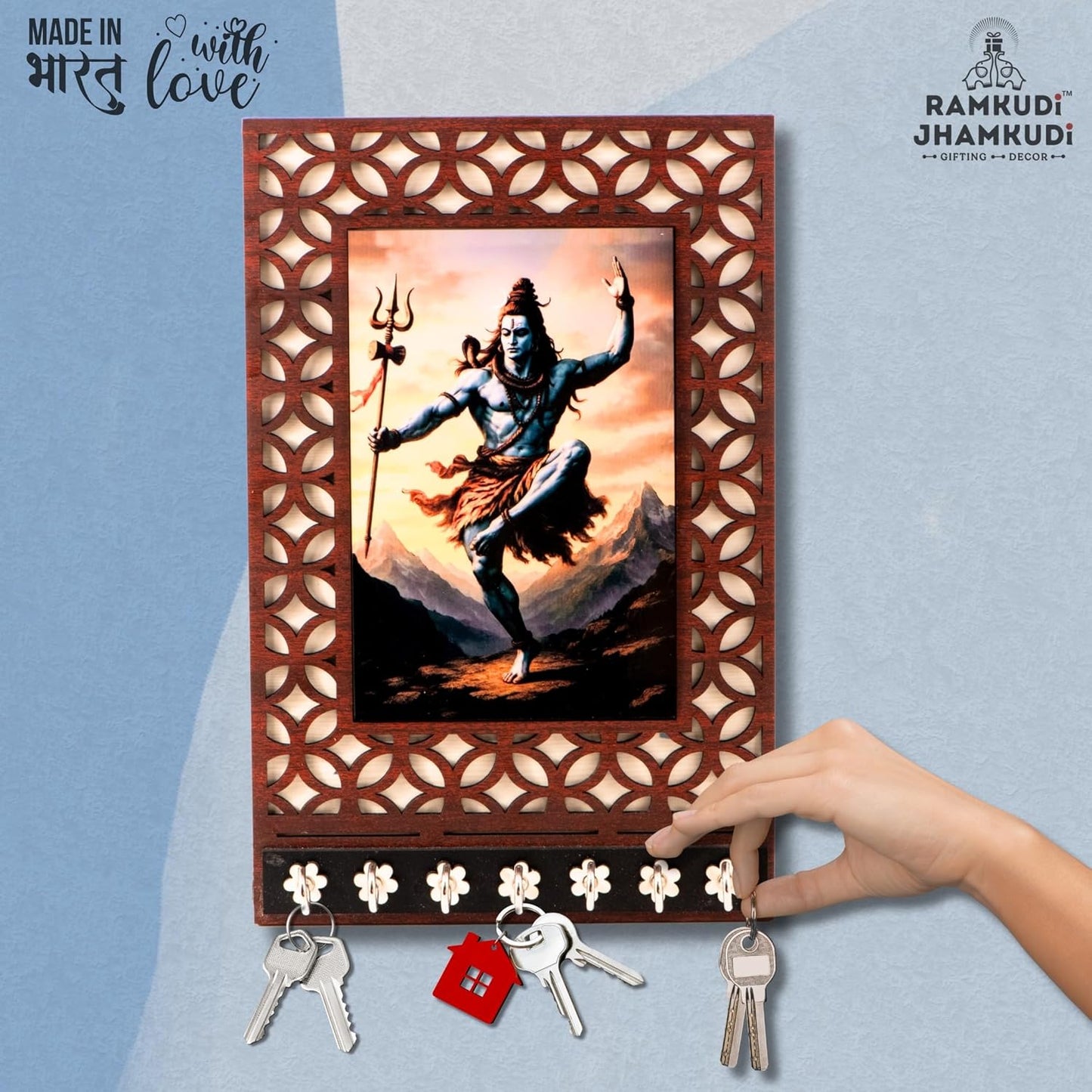Ramkudi Jhamkudi™ Shiva Tandav Wooden Key Holder – 2 Layer Premium MDF, 7 SS Hooks – Bold & Devotional Wall Décor – Made in India