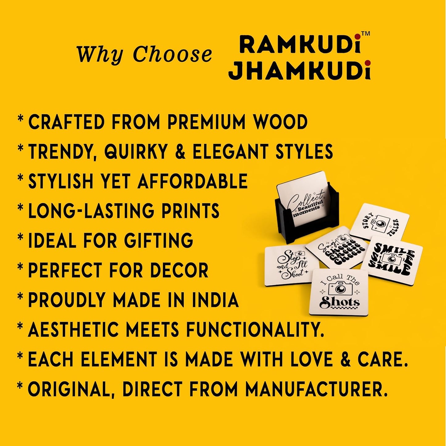 Wooden Coasters Set of 6 with Holder | Photography Quote Coasters for Tea Coffee | Camera-Themed Table Mats for Home, Office & Studio | Eco-Friendly | Made in India | Gift for Photographers & Creators